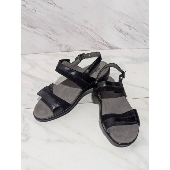 SAS Women's Gray & Black Adjustable Leather Strap Comfort Flat Sandal Size 9 - Picture 1 of 8